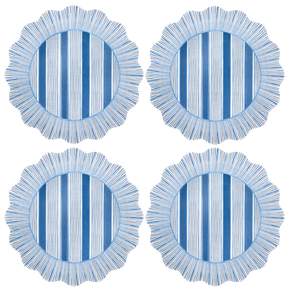 Four Juliska Cabana Stripe Melamine placemats in ocean blue, white, and gray stripes with wavy edges and a fringe-like border are arranged in a 2x2 grid on a white background. Set of 4.