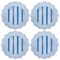 Four Juliska Cabana Stripe Melamine placemats in ocean blue, white, and gray stripes with wavy edges and a fringe-like border are arranged in a 2x2 grid on a white background. Set of 4.