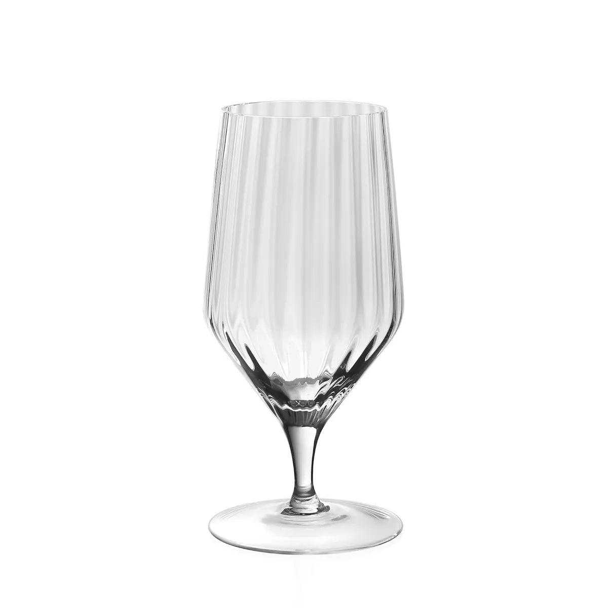A Corinne Drinkware goblet in clear glass featuring vertical optic ribbing on the bowl and a short stem.