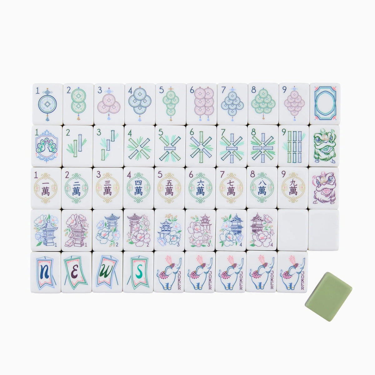 Mahjong tiles from the Oh My Mahjong Mahjong Tiles Set - Willow are arranged in rows, displaying circles, bamboo, characters, dragons, winds, flowers, and joker tiles. Among the floral tiles of this elegant set, a single green blank tile appears at the bottom right.