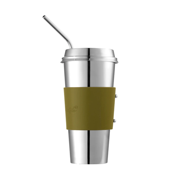 The Christofle Stainless Steel Coffee Cup With Leather Grip by Christofle features a fitted lid and leather grip, shown isolated on a white background.