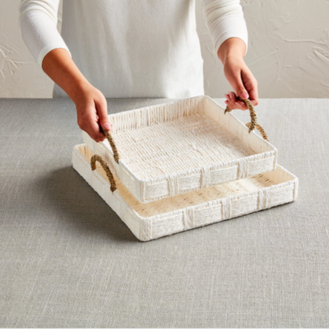 Woven Nested Square Tray Set - White.