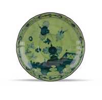 Pale green Ginori 1735 Oriente Italiano Dinnerware Malachite saucer featuring a dark blue floral and garden motif.
