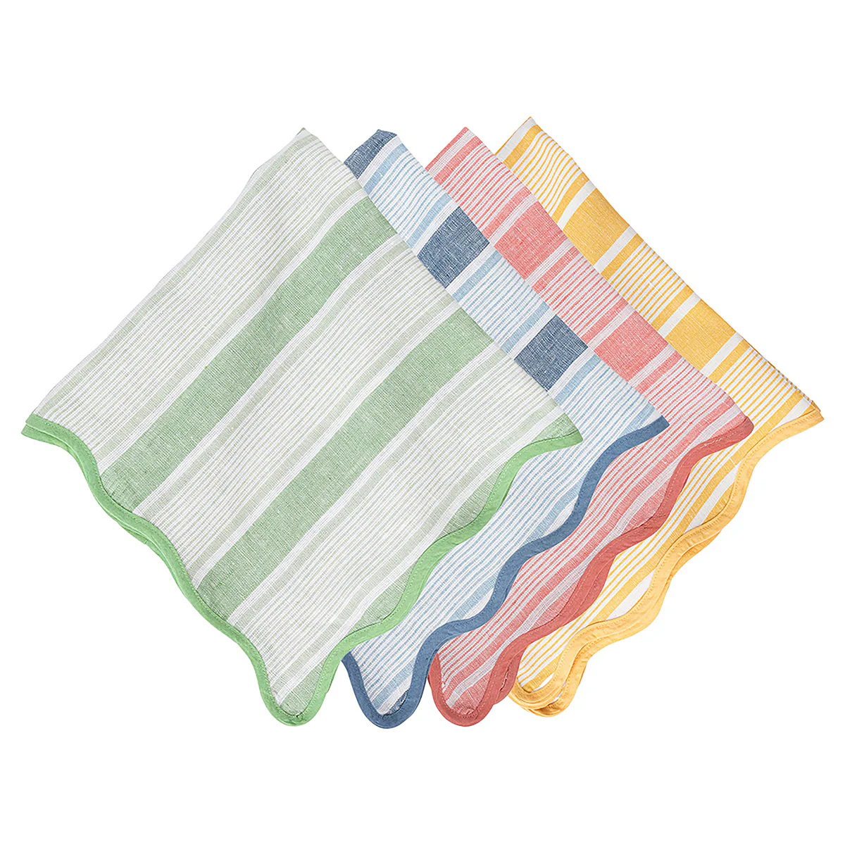 The Juliska Cabana Stripe Napkin Set of 4 - Multi features napkins in green, blue, pink, and yellow with matching edges, neatly overlapping each other on a white background.