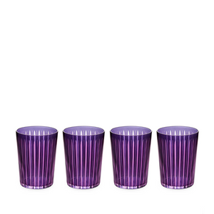 Four purple Prism Highball Glasses from L'Objet are lined up on a white background. Stylish, modern, and dishwasher-safe, this set of 4 adds a vibrant touch to any table.