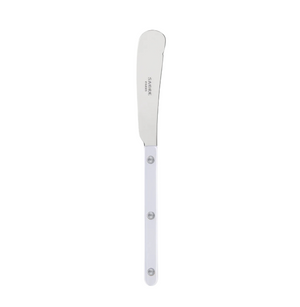 The Sabre Bistrot Pearly Butter Knife features a stainless steel rounded blade and elegant mother of pearl handle with three rivets, shown against a plain white background.