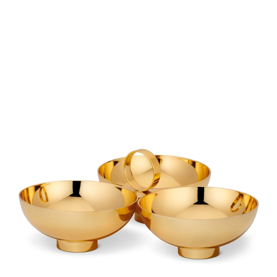 The Sintra 3-Bowl Server by Aerin features three gold-toned metal bowls arranged in a triangle with a circular handle, bringing Mid-Century Modern flair to your table.