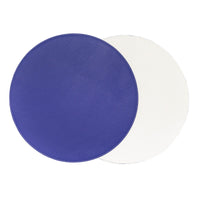 Two round Grained Faux Leather Reversible Placemats from Von Gern Home overlap: the solid purple side rests atop the white, both featuring a textured finish—perfect for an elegant table setting. Set includes 4.