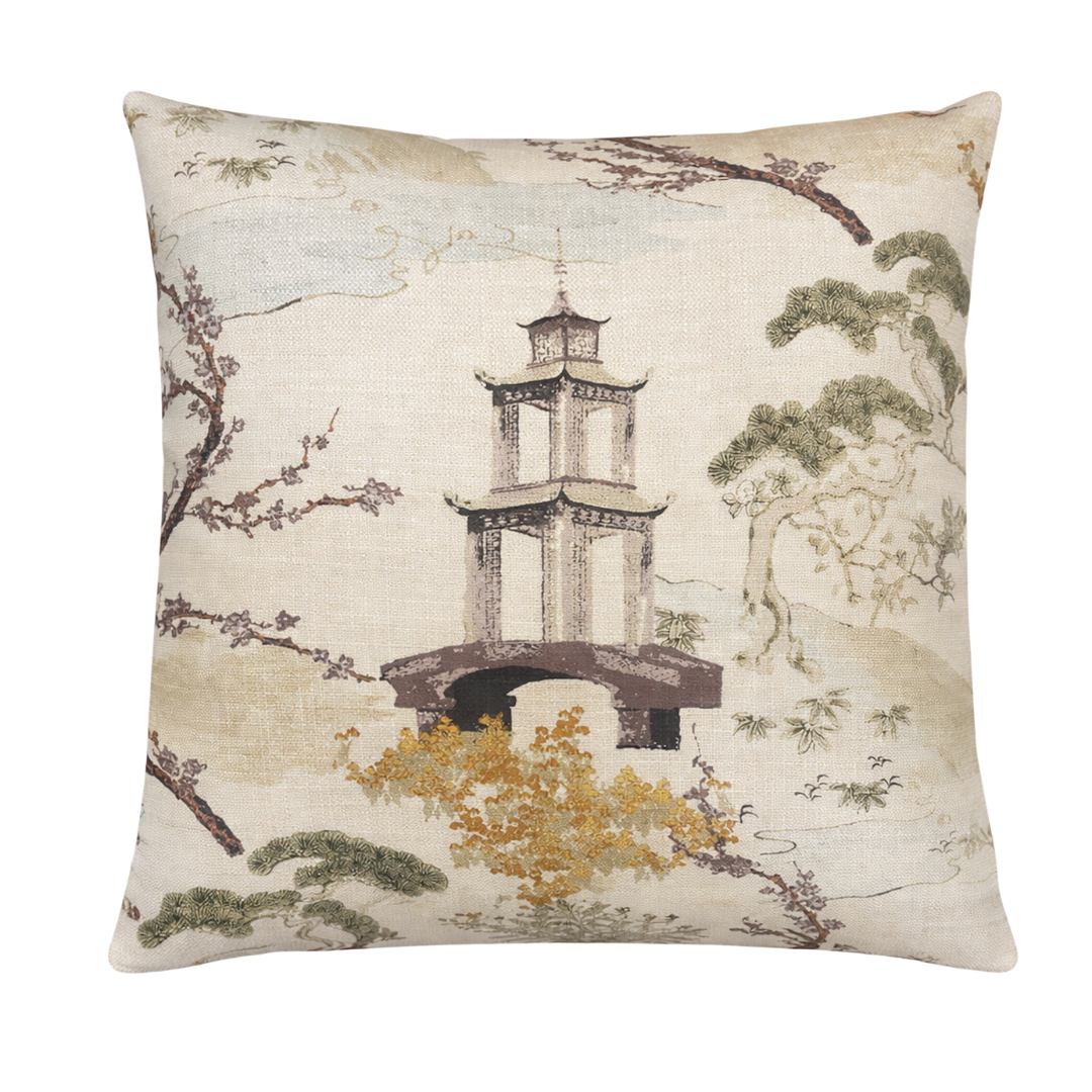 The Zen Pillow Pearl by Decor Fifty-Five features a linen cover with an Asian-inspired pagoda and foliage design in muted natural tones on beige—an elegant accent for a tranquil space.