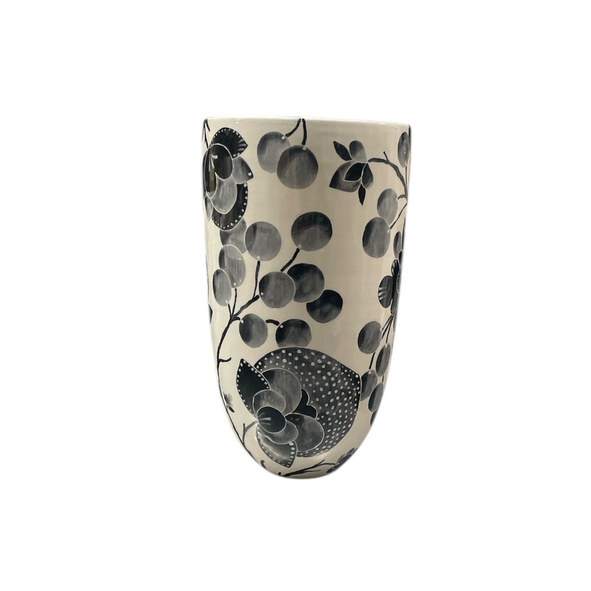 The Bullet Vase - Bramble - Black by Jill Rosenwald Studio is a tall, oval-shaped piece featuring a black and white floral and fruit design on a plain white background.