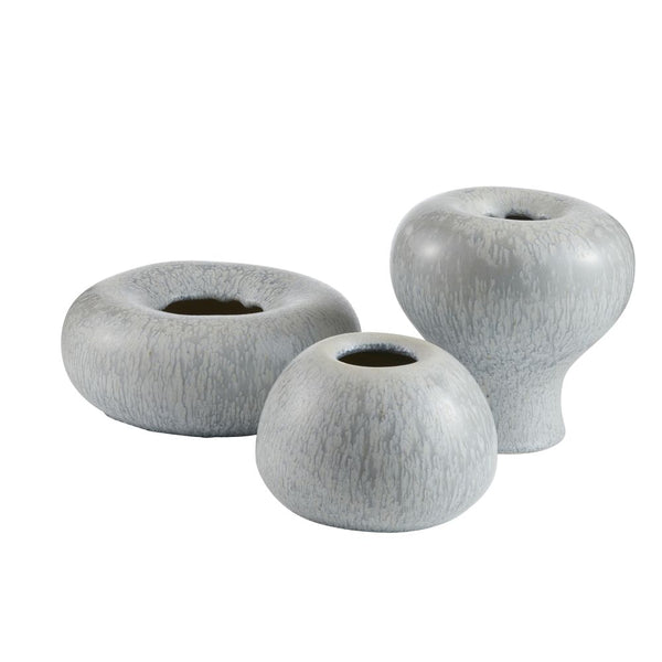 The Dandy Vases Set of 3 - Grey by Arteriors features rounded, textured ceramic vases in varying heights with wide openings and an icy morn finish, adding spa-like calm to any space.