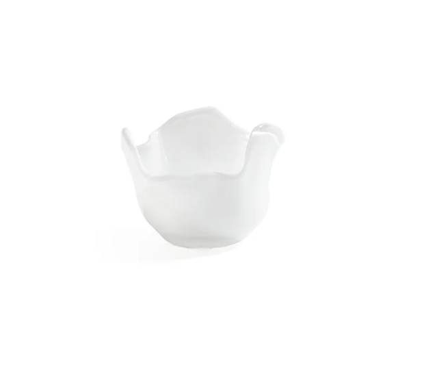 The Zodax Wavy Tealight Holder in white features a small ceramic design with an irregular, wavy rim, evoking contemporary style—perfect for tabletop décor on a plain white background.