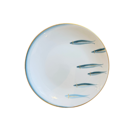A round white porcelain plate with a blue painted border and six blue fish illustrations, finished with a thin gold rim, shown on a plain white background.
