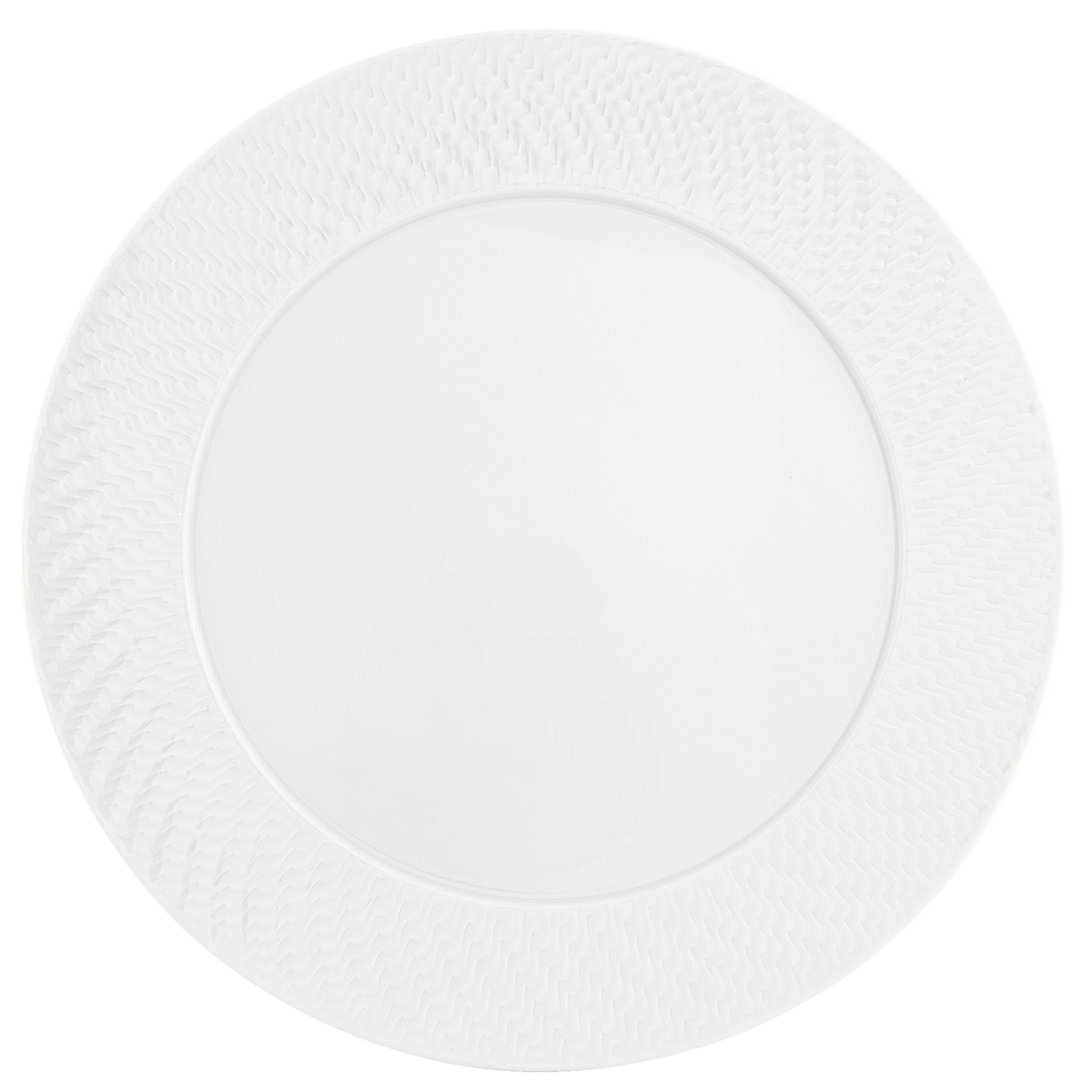 A round white ceramic plate from Meissen’s Waves Relief N°41 collection, featuring a subtle textured pattern along the rim inspired by the refined aesthetics of MEISSEN Waves Relief porcelain dinnerware, viewed from above on a plain light background.