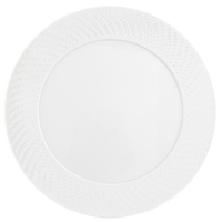A round white ceramic plate from Meissen’s Waves Relief N°41 collection, featuring a subtle textured pattern along the rim inspired by the refined aesthetics of MEISSEN Waves Relief porcelain dinnerware, viewed from above on a plain light background.