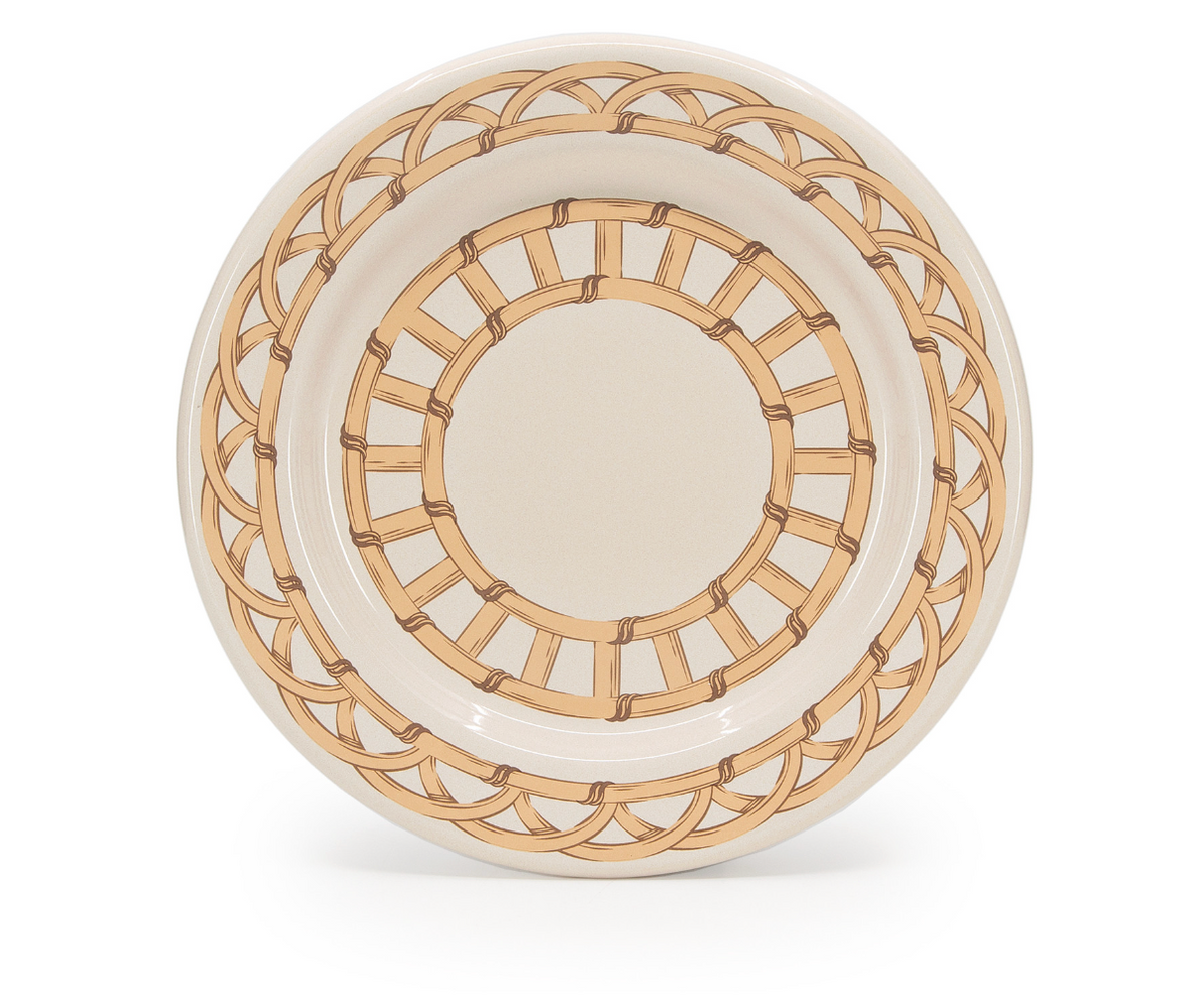 A round ceramic plate with a beige background and interwoven tan and brown lines around the rim, inspired by wicker. Part of the Domino Wicker Dinnerware Set of 4 - Almond by Crow Canyon Home.