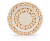 A round ceramic plate with a beige background and interwoven tan and brown lines around the rim, inspired by wicker. Part of the Domino Wicker Dinnerware Set of 4 - Almond by Crow Canyon Home.