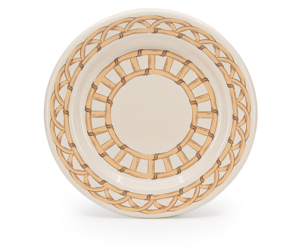 A round ceramic plate with a beige background and interwoven tan and brown lines around the rim, inspired by wicker. Part of the Domino Wicker Dinnerware Set of 4 - Almond by Crow Canyon Home.