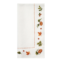 Add a festive touch to your table with the Bodrum Autumn Medley Napkin Set of 4—white cloth napkins featuring embroidered orange pumpkins, autumn leaves, green vines, and a decorative orange stitched border along two edges. Perfect for Thanksgiving entertaining or pairing with coordinating fall napkins and embroidered table runners.