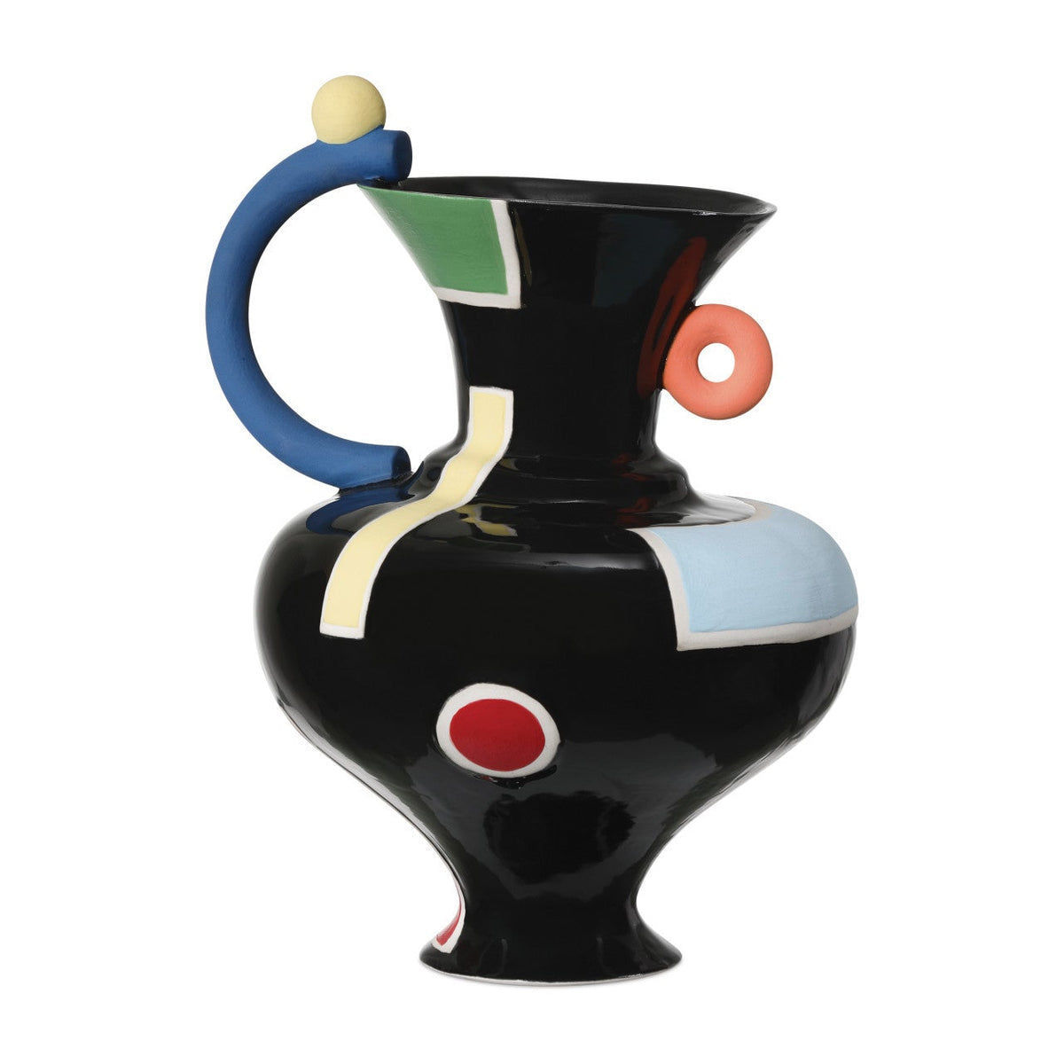 The Matisse Vase - Medium by Currey & Company is a glossy black porcelain piece featuring bold geometric patterns, a curved blue handle, yellow ball top, and red ring—a surrealist statement for modern decor.