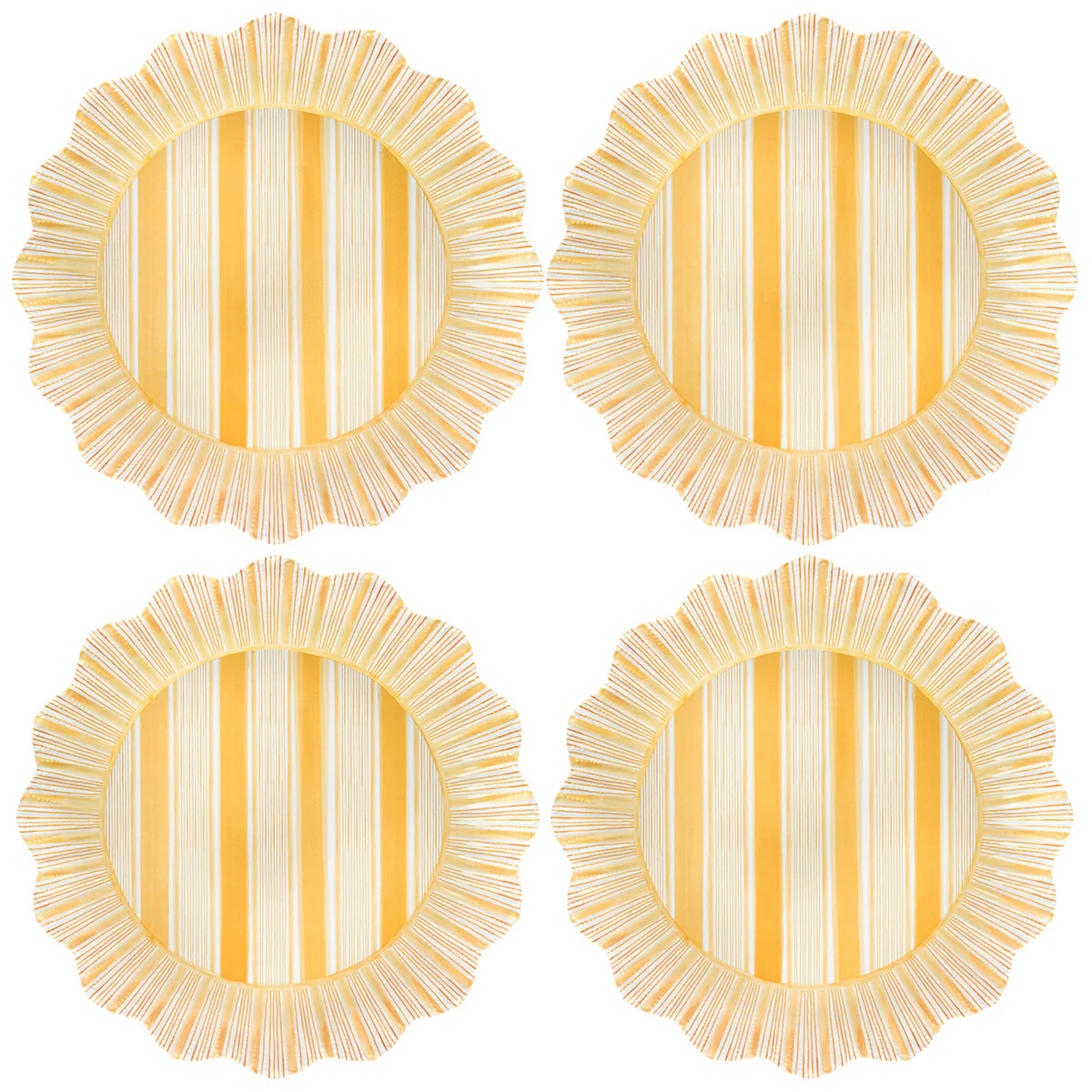 Four Juliska Cabana Stripe Melamine Dinner Plates, set of 4 in Sunshine, feature ruffled edges and cheerful yellow stripes. The shatterproof plates are arranged in a 2x2 grid on a white background.