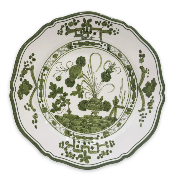 The Beatriz Ball Vida Faenza Melamine Dinnerware Green White Set of 4 features decorative round plates with scalloped edges and an intricate green floral-botanical design on a white background.