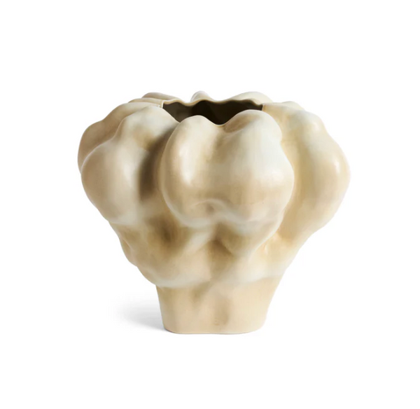 The Timna Vase - Latte - XShort by L'Objet features a cream-colored ceramic body with an irregular, cloud-like shape and wavy rim—ideal as a sculptural accent for any space.