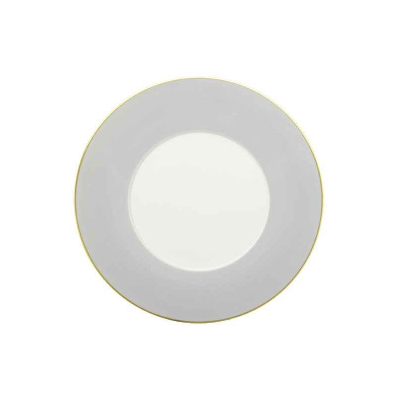A Lexington Dinnerware-Grey plate by Mottahedeh/Robert Haviland, featuring white ceramic with a light gray rim and a thin gold border, is shown from above on a white background.