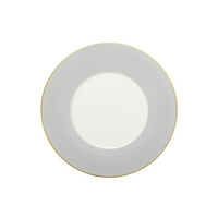 A Lexington Dinnerware-Grey plate by Mottahedeh/Robert Haviland, featuring white ceramic with a light gray rim and a thin gold border, is shown from above on a white background.