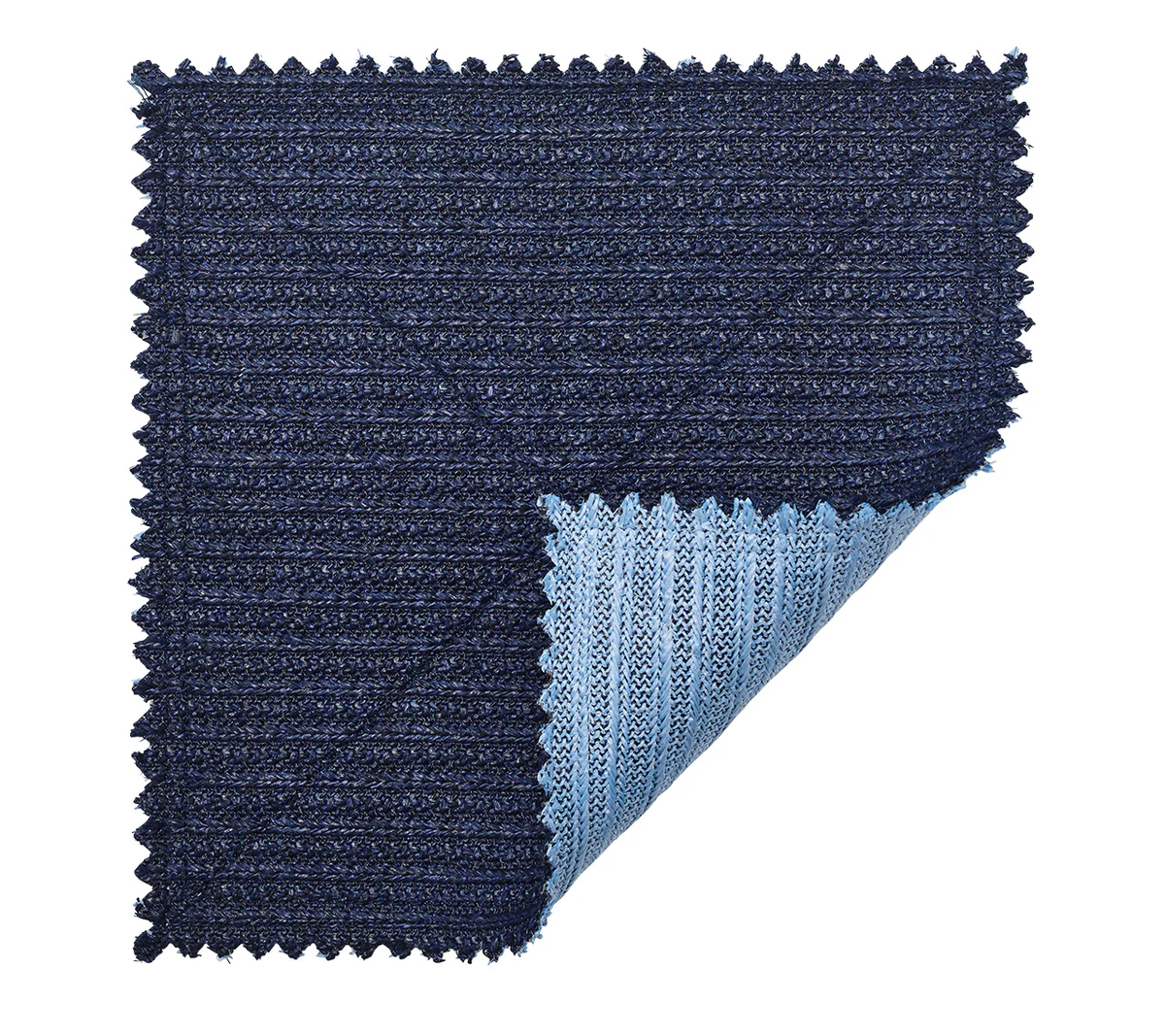 A swatch of Kim Seybert's Vista Reversible Placemat s/4 in Navy & Periwinkle features dark blue textured fabric with zigzag edges, a folded corner revealing a woven lighter blue underside, evoking its reversible design.