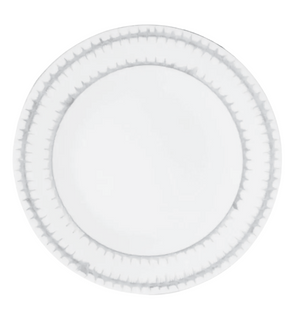 A round white Marie Daâge Rafia 5 dinnerware plate featuring a subtle gray decorative pattern along the rim, crafted from fine porcelain by Marie Daâge, viewed from above on a plain background.