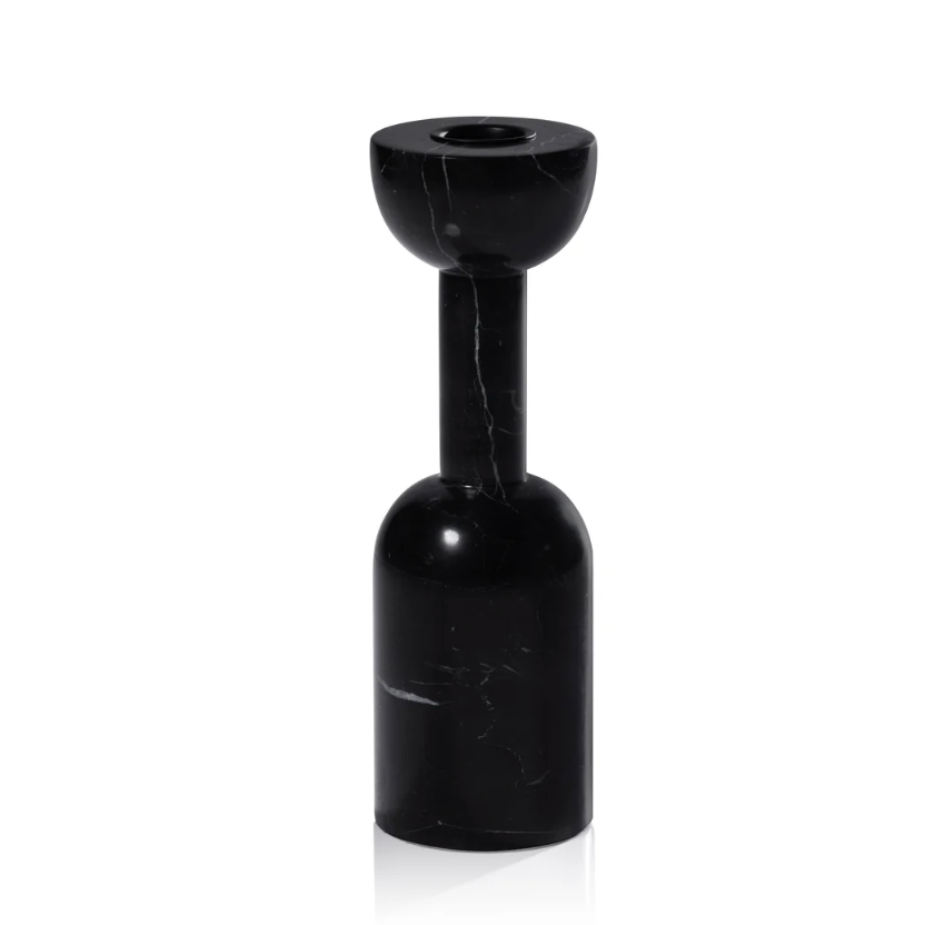 The Kym Black Candle Holders by Zodax feature a wide base, slim stem, and half-sphere top with a circular candle opening—a striking modern accent for your candle holder collection.