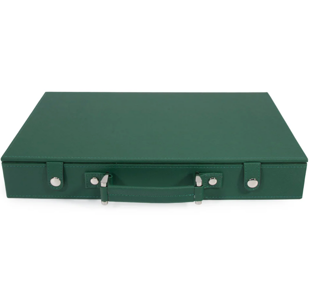 The Rowan 200 Chip Poker Set by Brouk & Co: a closed, rectangular, dark green briefcase with silver clasps and handle, ideal for poker nights—front view on a plain white background.