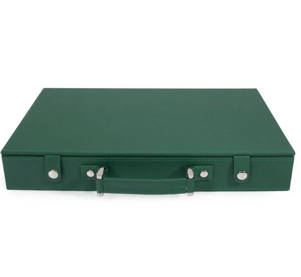 The Rowan 200 Chip Poker Set by Brouk & Co: a closed, rectangular, dark green briefcase with silver clasps and handle, ideal for poker nights—front view on a plain white background.