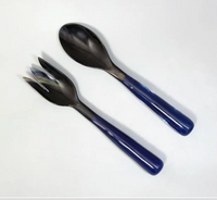 The Vera Horn Server Set by Nashi Home features a metal spoon and matching spork with dark blue handcrafted resin handles, displayed on a white background.