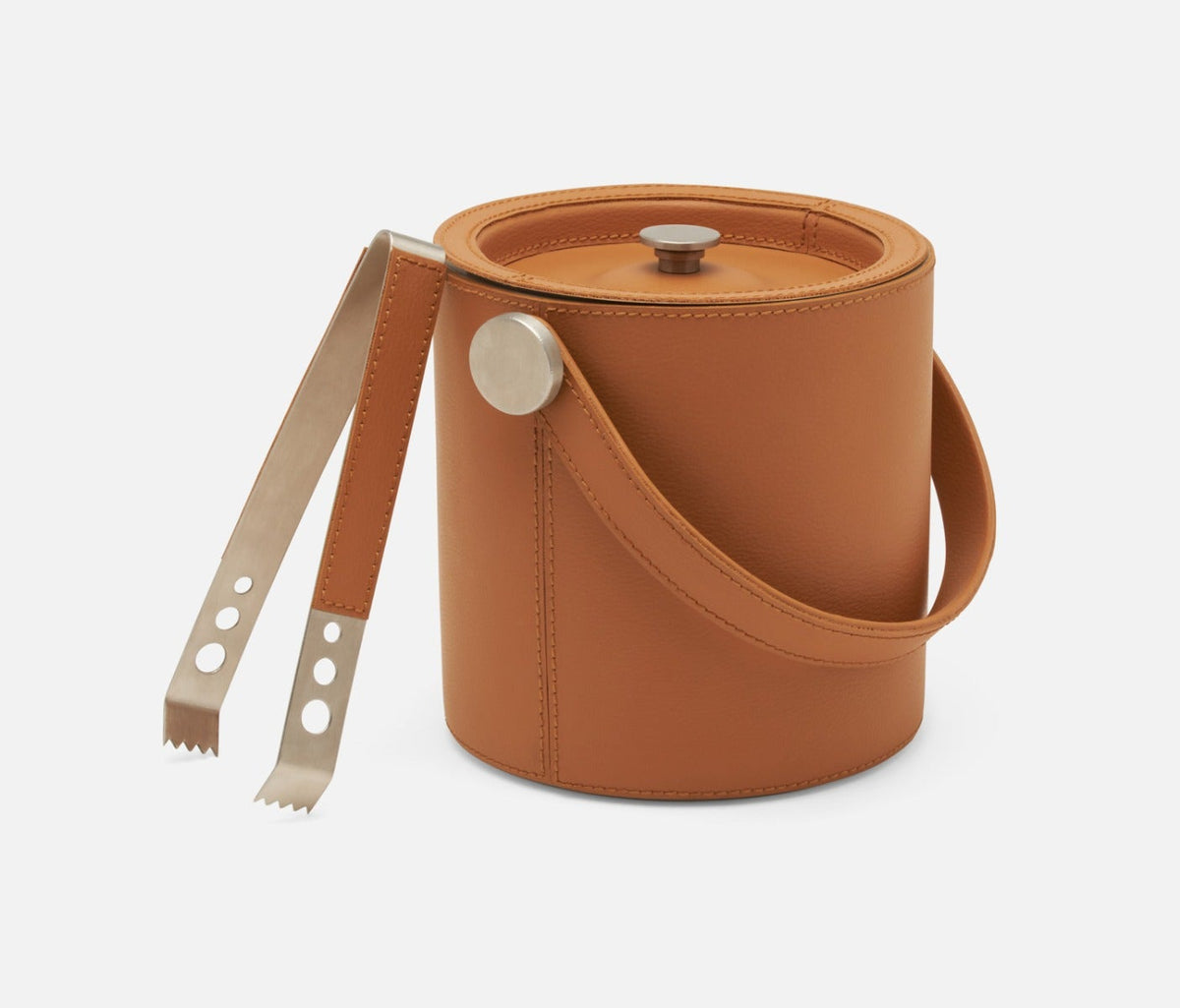 Cognac-colored Brisbane Ice Bucket w/ Tongs in a tan cylindrical shape with a lid, handle, and matching ice tongs.