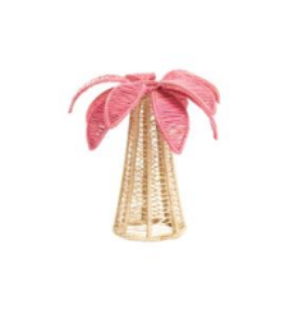 The Coro Cora Palm Tree Table Accent - Light Pink - Small features a woven beige base and large, pink textured leaves, making it an ideal decorative centerpiece for festive occasions.