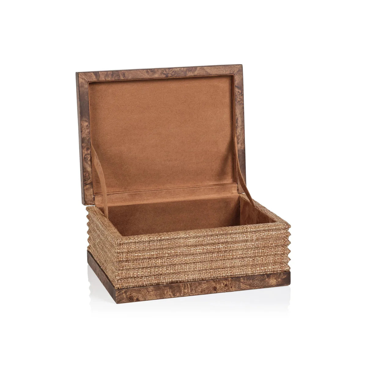 The Zodax Russo Burlwood and Raffia Box - Small features a rectangular woven raffia exterior with wooden trim and an open lid displaying its suede-like interior, all set against a white background.