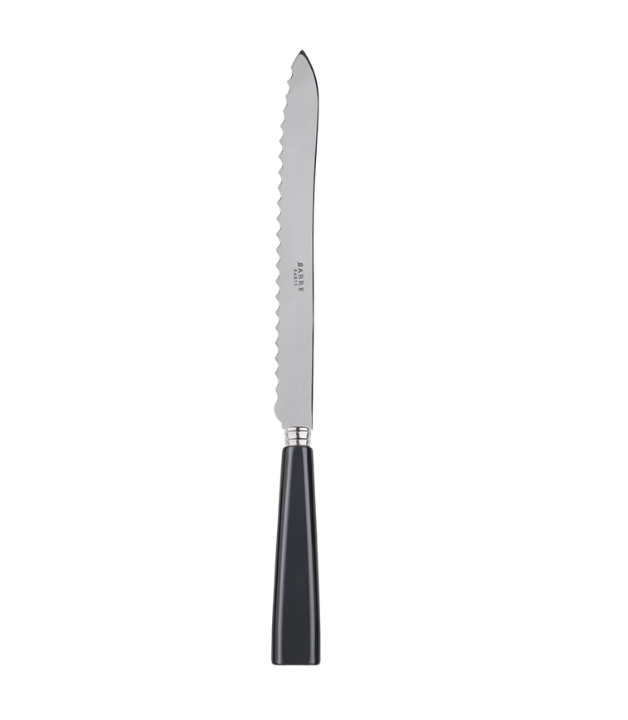 The Sabre Icone Bread Knife features a serrated, shiny silver blade and a dark grey handle, shown against a plain white background.