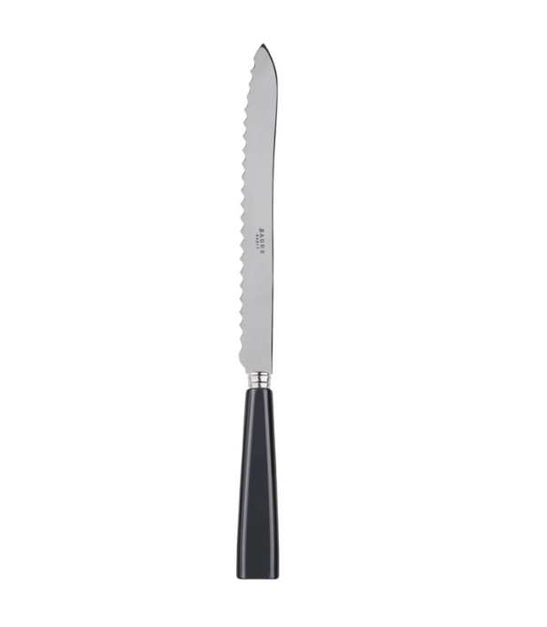 The Sabre Icone Bread Knife features a serrated, shiny silver blade and a dark grey handle, shown against a plain white background.