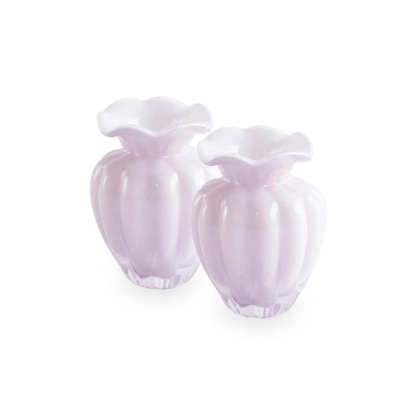 Two glossy, pastel lavender Glass Vento Vase Set of 2 - Cameilla - Small by Beatriz Ball, featuring scalloped ruffled openings and rounded ribbed bodies, are placed side by side against a white background.