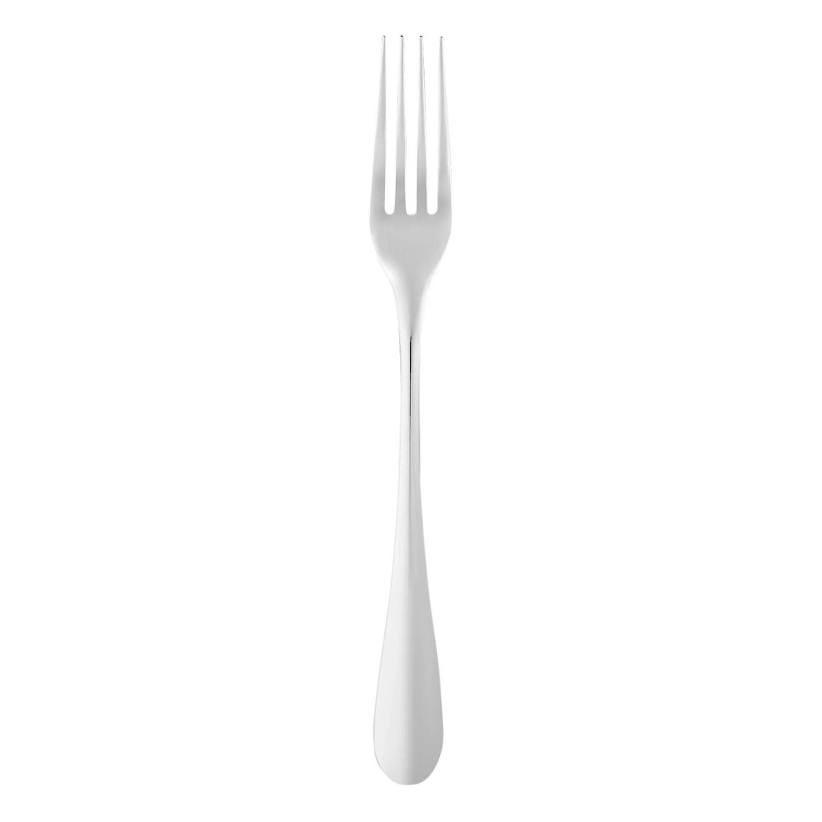 The Origine Christofle Stainless Flatware fork by Christofle, featuring four tines, is displayed upright against a white background.