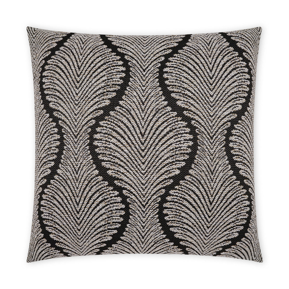 The D.V. KAP / Canaan Company Outdoor Pillow Palmyra Black 22 x 22 features a textured, wave pattern in black and beige—ideal as a weather-resistant accent for your patio décor.