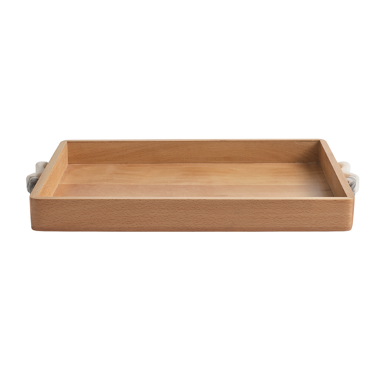 The Greg Natale Terreno Rectangle Marble Handled Tray features raised edges and sleek light-toned metal handles on each side, shown against a white background.
