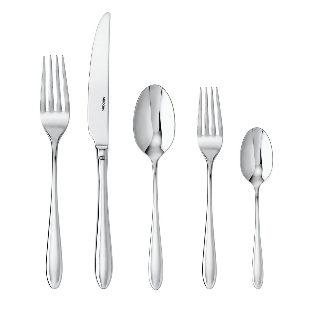 A five-piece mirror polished stainless steel Dream Stainless Steel Flatware 5PPS set consisting of a dinner fork, knife, dinner spoon, salad fork, and teaspoon.