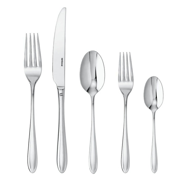 A five-piece mirror polished stainless steel Dream Stainless Steel Flatware 5PPS set consisting of a dinner fork, knife, dinner spoon, salad fork, and teaspoon.