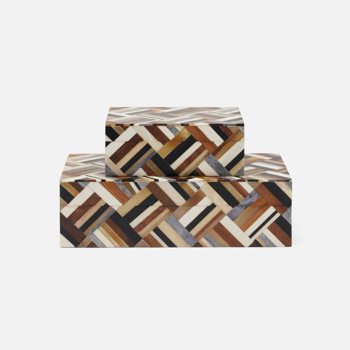 Two rectangular handcrafted Hunter Horn Box units by Made Goods stacked on each other, featuring a geometric herringbone pattern made of multicolored wood and horn inlay.