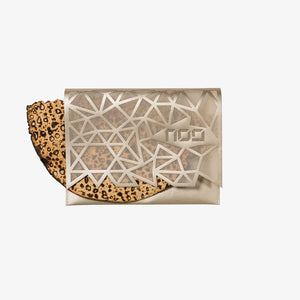 The Apeloig Collection Geometric Afikoman Bag is a metallic clutch with a geometric pattern and leopard print lining, perfect as a modern Passover decor accent or Seder bag, shown here on a plain white background.