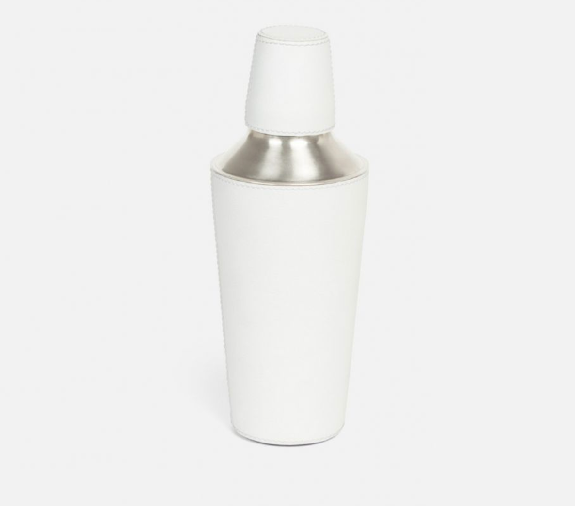 The Blue Pheasant Brisbane Cocktail Shaker features stainless steel wrapped in water-resistant white marine leather with a matching cap, shown against a plain white background.