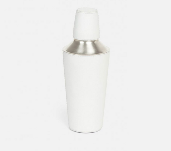 The Blue Pheasant Brisbane Cocktail Shaker features stainless steel wrapped in water-resistant white marine leather with a matching cap, shown against a plain white background.